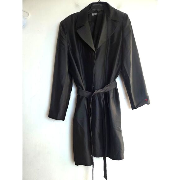 Kate Hill Women Black 100% Silk Midlength Tie Waist Satin Button Trench Coat 18W - Picture 1 of 9